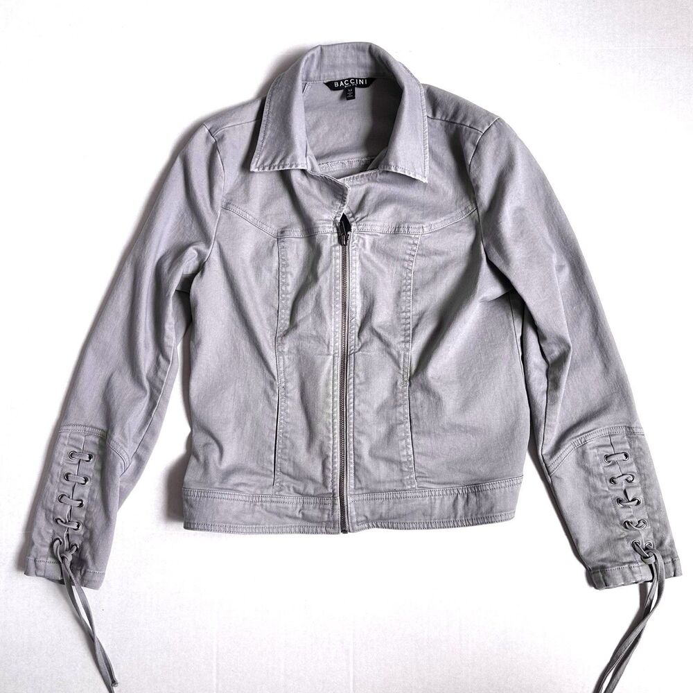 Baccini Denim Jacket Women’s Medium Gray Collared Zip-Up Retro Lace Cuffs Y2K